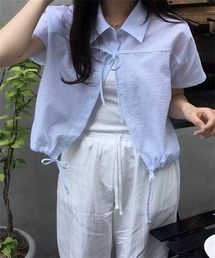 フロントリボン裾ドローコードストライプ柄シャツ