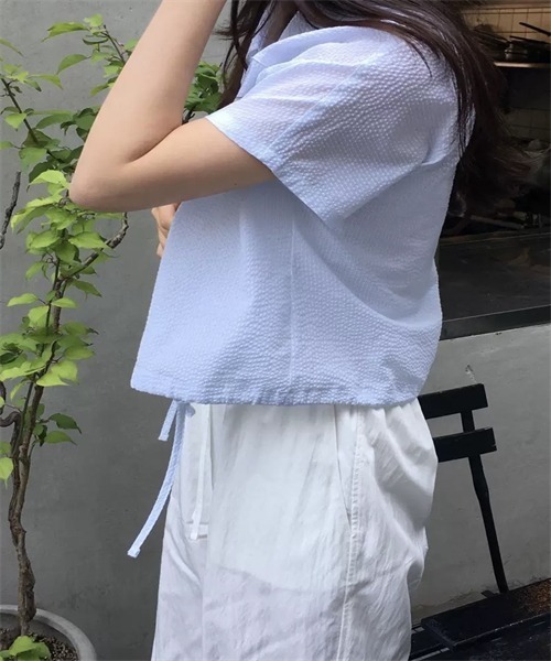 FREE STYLISTS(フリー スタイリスト)の「フロントリボン裾ドローコードストライプ柄シャツ(シャツ/ブラウス・レディース・ブルー/ピンク・FREE)」の15枚目の写真