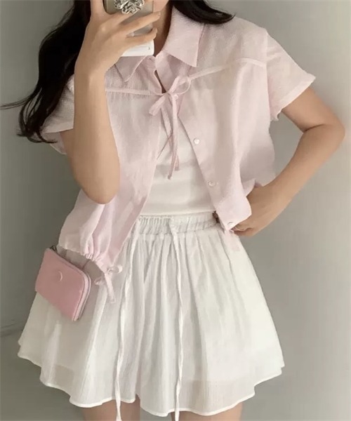 FREE STYLISTS(フリー スタイリスト)の「フロントリボン裾ドローコードストライプ柄シャツ(シャツ/ブラウス・レディース・ブルー/ピンク・FREE)」の17枚目の写真