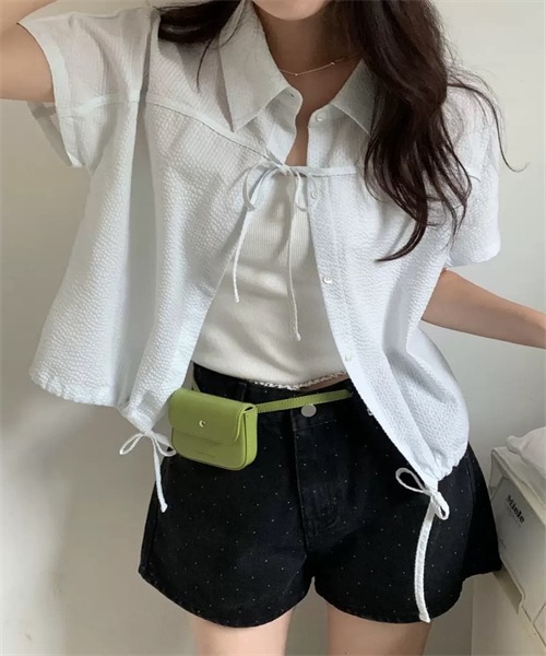 FREE STYLISTS(フリー スタイリスト)の「フロントリボン裾ドローコードストライプ柄シャツ(シャツ/ブラウス・レディース・ブルー/ピンク・FREE)」の9枚目の写真