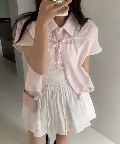 FREE STYLISTS(フリー スタイリスト)の「フロントリボン裾ドローコードストライプ柄シャツ(シャツ/ブラウス・レディース・ブルー/ピンク・FREE)」の18枚目の写真