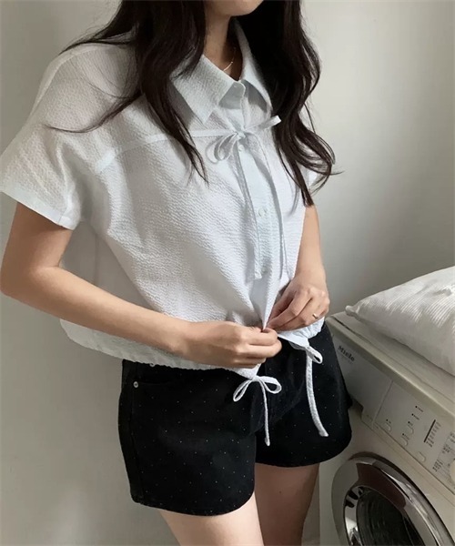 FREE STYLISTS(フリー スタイリスト)の「フロントリボン裾ドローコードストライプ柄シャツ(シャツ/ブラウス・レディース・ブルー/ピンク・FREE)」の14枚目の写真