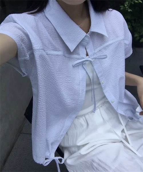 FREE STYLISTS(フリー スタイリスト)の「フロントリボン裾ドローコードストライプ柄シャツ(シャツ/ブラウス・レディース・ブルー/ピンク・FREE)」の12枚目の写真