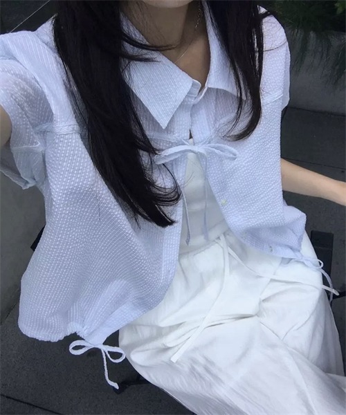 FREE STYLISTS(フリー スタイリスト)の「フロントリボン裾ドローコードストライプ柄シャツ(シャツ/ブラウス・レディース・ブルー/ピンク・FREE)」の13枚目の写真