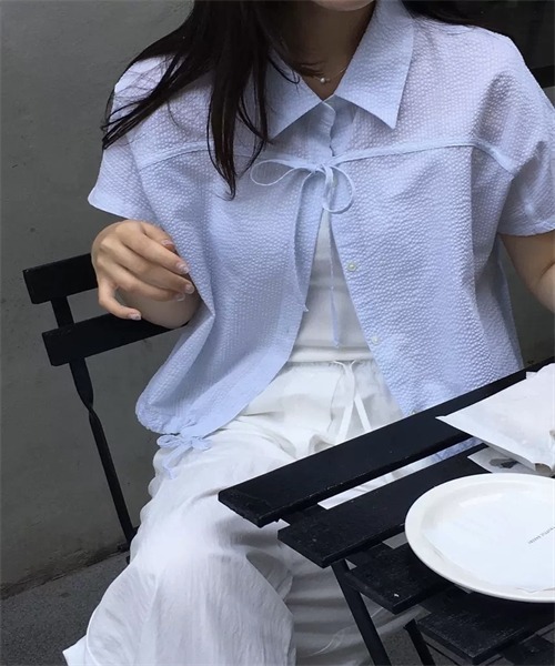 FREE STYLISTS(フリー スタイリスト)の「フロントリボン裾ドローコードストライプ柄シャツ(シャツ/ブラウス・レディース・ブルー/ピンク・FREE)」の11枚目の写真