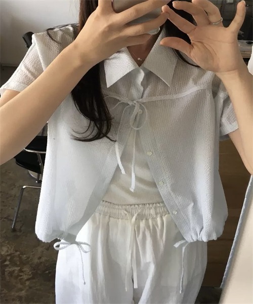 FREE STYLISTS(フリー スタイリスト)の「フロントリボン裾ドローコードストライプ柄シャツ(シャツ/ブラウス・レディース・ブルー/ピンク・FREE)」の10枚目の写真
