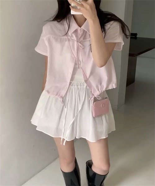 FREE STYLISTS(フリー スタイリスト)の「フロントリボン裾ドローコードストライプ柄シャツ(シャツ/ブラウス・レディース・ブルー/ピンク・FREE)」の16枚目の写真