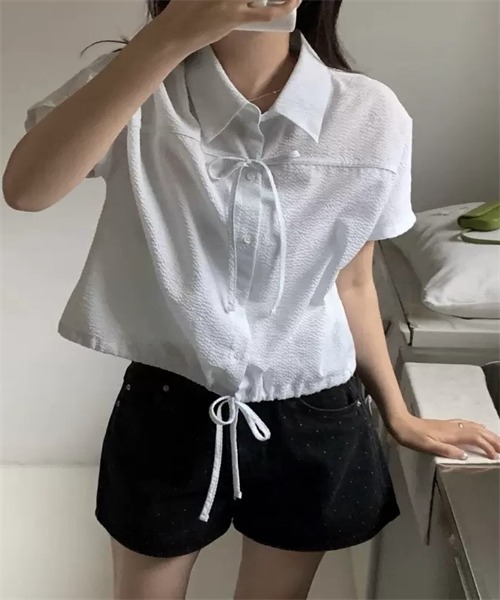 FREE STYLISTS(フリー スタイリスト)の「フロントリボン裾ドローコードストライプ柄シャツ(シャツ/ブラウス・レディース・ブルー/ピンク・FREE)」の7枚目の写真