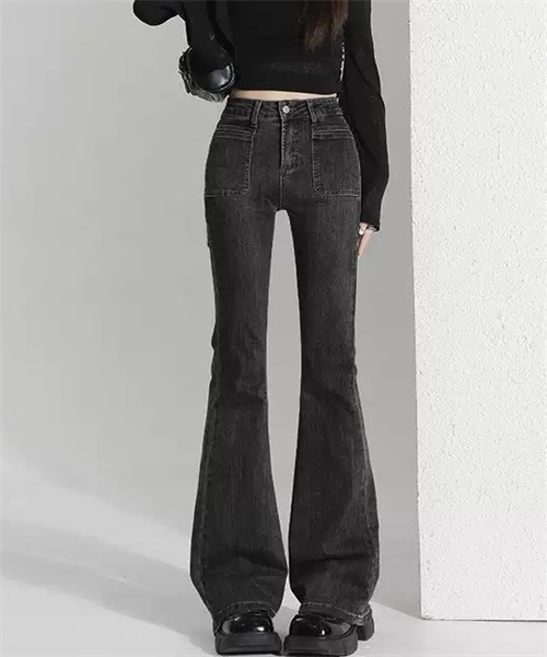 Dream garden(ドリームガーデン)の「ハイウエスフレアデニムパンツ ストレッチパンツ(デニムパンツ・レディース・ライトブラック・XS/S/M/L/XL/2XL)」の3枚目の写真