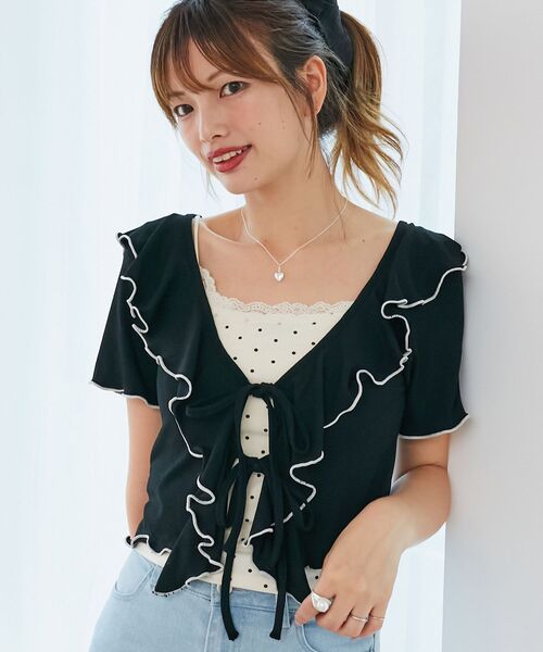 MAJESTIC LEGON(マジェスティックレゴン)の「メロウフリルレイヤードカットトップス(Tシャツ/カットソー・レディース・ブラック/アイボリー/ブラウン・MEDIUM)」の1枚目の写真