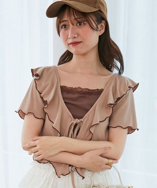 MAJESTIC LEGON(マジェスティックレゴン)の「メロウフリルレイヤードカットトップス(Tシャツ/カットソー・レディース・ブラック/アイボリー/ブラウン・MEDIUM)」の16枚目の写真