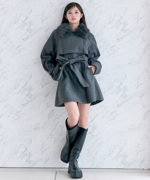 OLIVE des OLIVE ファーティペットミドル丈コート　チャコールグレー OLIVE des OLIVE（オリーブデオリーブ）の「【完売カラー再販