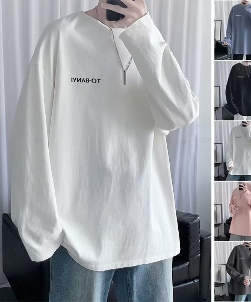 SHEPP（シープ）の「ビッグシルエット英字ワンポイント無地ロンT（Tシャツ/カットソー・メンズ・ホワイト/ブラック/サックスブルー/ピンク/ダークグレー・M）」の10枚目の写真