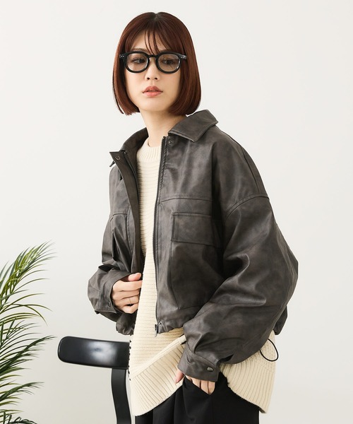 高級 ラムレザー ファーライナー ブルゾン 短丈 カーキチャコール セール】新色追加【選べる2タイプ】フェイクレザーブルゾン/裾ドロスト