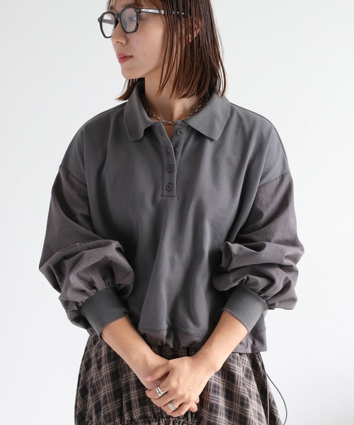 cepo(セポ)の「異素材ミックスポロ ドロストプルオーバー(Tシャツ/カットソー・レディース・チャコール/オフホワイト/ブルー・M)」の2枚目の写真