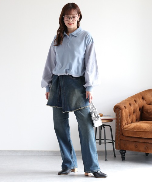 cepo(セポ)の「異素材ミックスポロ ドロストプルオーバー(Tシャツ/カットソー・レディース・チャコール/オフホワイト/ブルー・M)」の16枚目の写真
