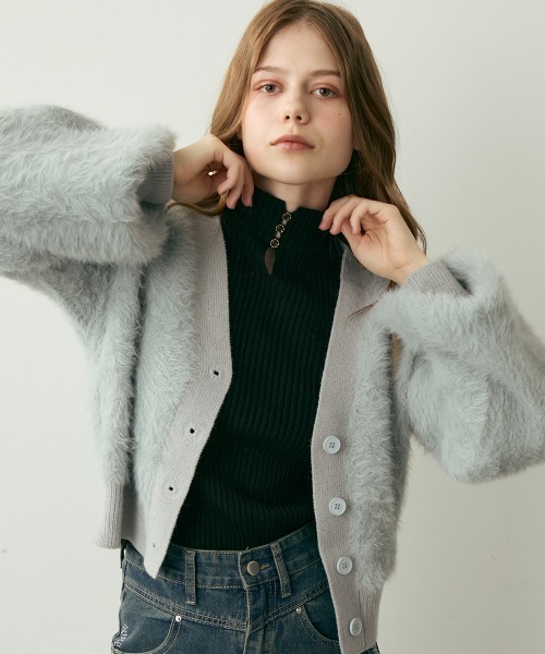 セール】ボリューム袖モヘアニットクロップド丈アウター（カーディガン
