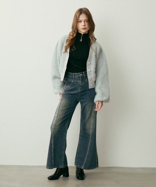 セール】ボリューム袖モヘアニットクロップド丈アウター（カーディガン