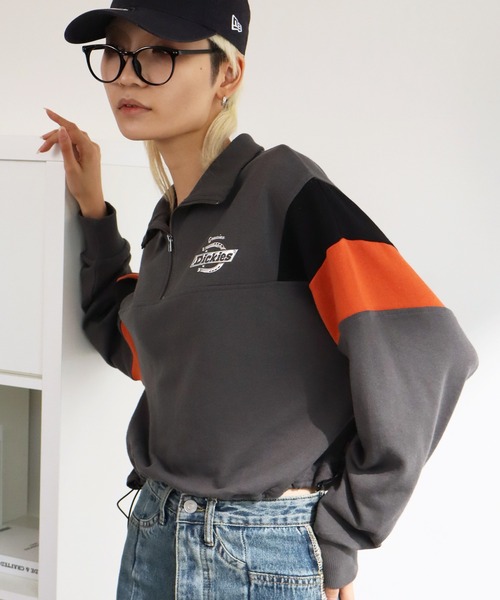 Dickies(ディッキーズ)の「【GENUINE DICKIES/ジェニュインディッキーズ】裏毛 ショート丈 ハーフジップ スウェット(スウェット・レディース・ダークネイビー/オフホワイト/スミクロ・M/L)」の1枚目の写真