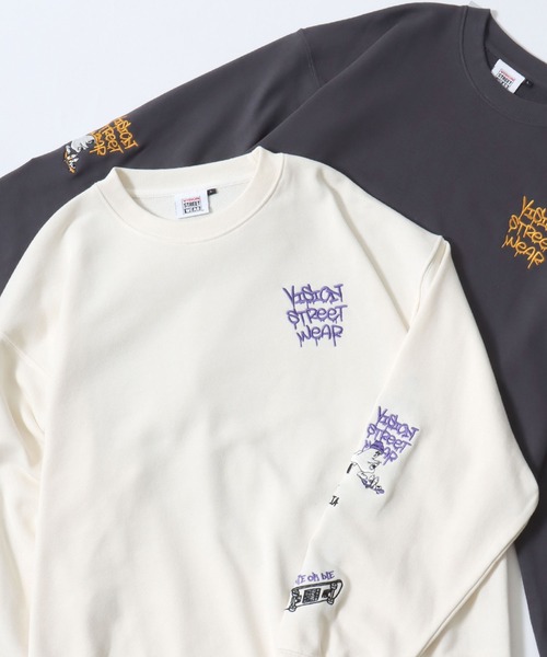 VISION STREET WEAR(ヴィジョンストリートウェア)の「VISION STREET WEAR/ヴィジョンストリートウエア オーバーサイズ 裏毛 ワンポイントロゴ スケボーベアバックプリント 袖ゴースト刺繍 スウェットトレーナー レディース メンズ(スウェット・レディース・アッシュグレー/ブラック/オフホワイト/グレー系その他/ワイン/チャコール・M/L/LL)」の2枚目の写真
