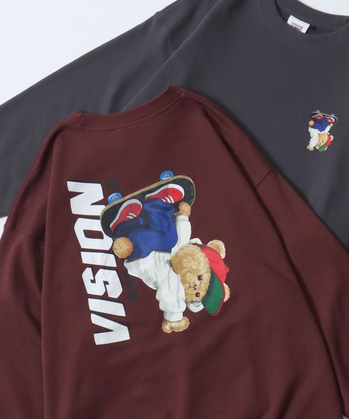 VISION STREET WEAR(ヴィジョンストリートウェア)の「VISION STREET WEAR/ヴィジョンストリートウエア オーバーサイズ 裏毛 ワンポイントロゴ スケボーベアバックプリント 袖ゴースト刺繍 スウェットトレーナー レディース メンズ(スウェット・レディース・アッシュグレー/ブラック/オフホワイト/グレー系その他/ワイン/チャコール・M/L/LL)」の6枚目の写真