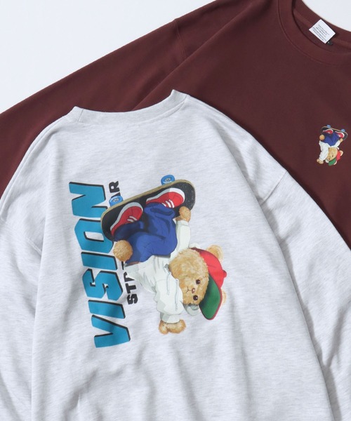 VISION STREET WEAR(ヴィジョンストリートウェア)の「VISION STREET WEAR/ヴィジョンストリートウエア オーバーサイズ 裏毛 ワンポイントロゴ スケボーベアバックプリント 袖ゴースト刺繍 スウェットトレーナー レディース メンズ(スウェット・レディース・アッシュグレー/ブラック/オフホワイト/グレー系その他/ワイン/チャコール・M/L/LL)」の1枚目の写真
