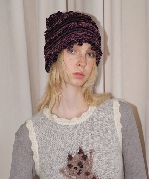 SANSeLF（サンセルフ）の「【SANSeLF】 フリルリブニットキャップ レイヤードフォルム ルーズシルエット saa25a129（ニットキャップ/ビーニー・レディース・ホワイト/ピンク/ブラック・FREE）」の3枚目の写真