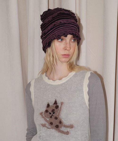 SANSeLF（サンセルフ）の「【SANSeLF】 フリルリブニットキャップ レイヤードフォルム ルーズシルエット saa25a129（ニットキャップ/ビーニー・レディース・ホワイト/ピンク/ブラック・FREE）」の4枚目の写真