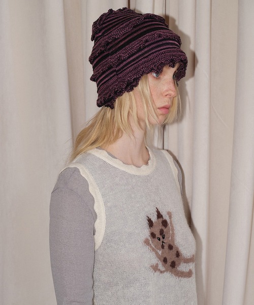 SANSeLF（サンセルフ）の「【SANSeLF】 フリルリブニットキャップ レイヤードフォルム ルーズシルエット saa25a129（ニットキャップ/ビーニー・レディース・ホワイト/ピンク/ブラック・FREE）」の5枚目の写真