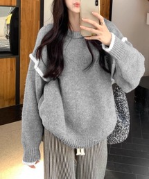 ゆったりニットトップスラウンドネック冬服
