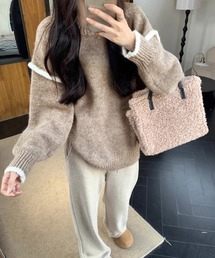 ゆったりニットトップスラウンドネック冬服