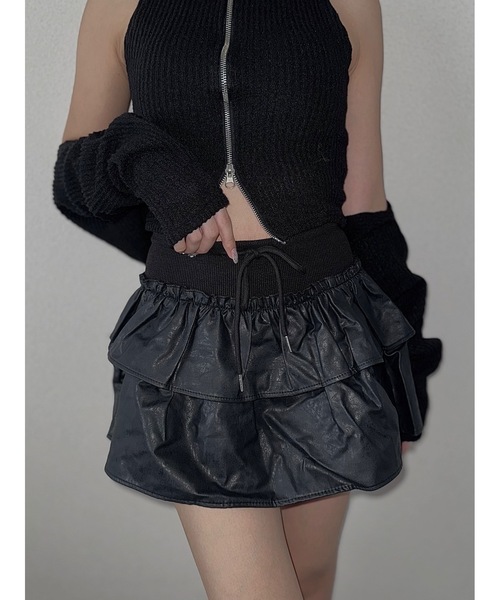 韓国ギャル】レザーフリルフレアミニスカート/インナーパンツ/Y2K/数量