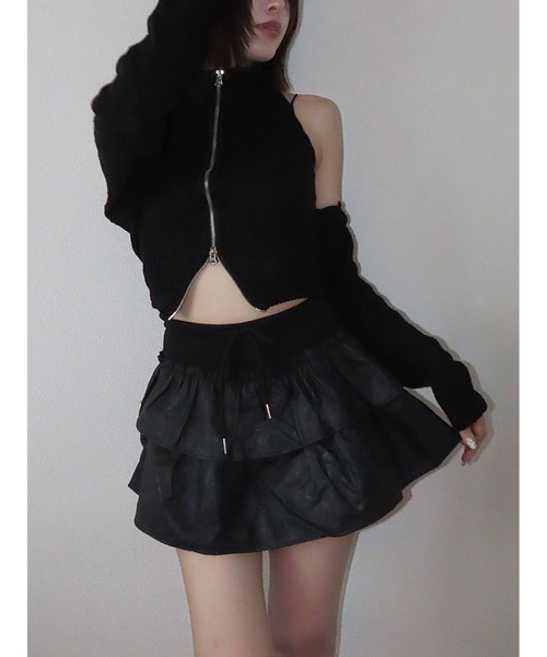 韓国ギャル】レザーフリルフレアミニスカート/インナーパンツ/Y2K/数量