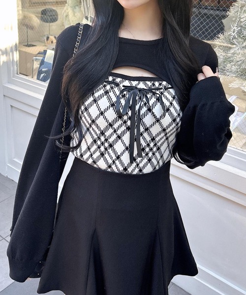 チェック柄デコルテオープンニット（ニット/セーター）｜INGNI（イング