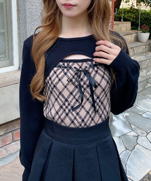 チェック柄デコルテオープンニット（ニット/セーター）｜INGNI（イング