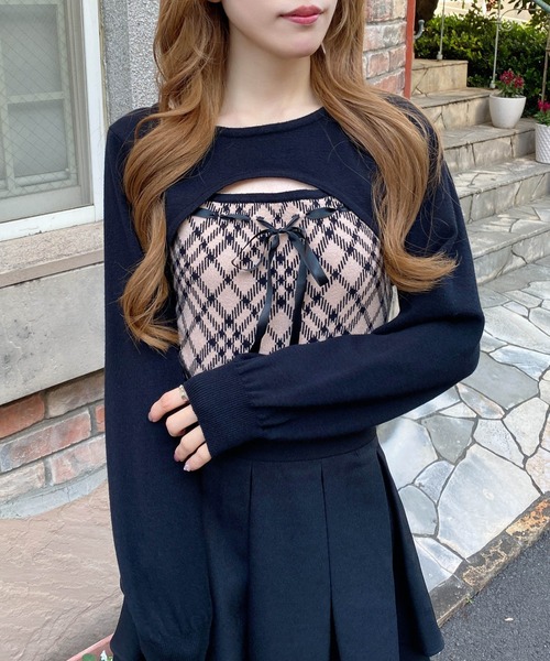 INGNI(イング)の「チェック柄デコルテオープンニット(ニット/セーター・レディース・ホワイト系その他2/ベージュ系1/ブラック系その他6・M)」の4枚目の写真