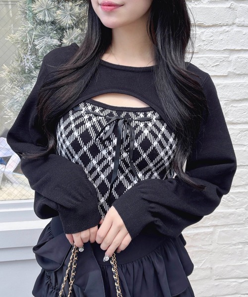 デコルテオープンチェックニットトップス チェック柄デコルテオープンニット（ニット/セーター）｜INGNI（イング