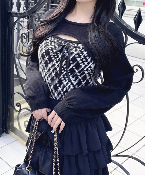 セール】チェック柄デコルテオープンニット（ニット/セーター）｜INGNI