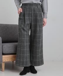 【あったか/S-LL】脚のラインをきれいに魅せる チェック柄ワイドパンツ