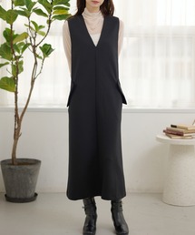 Vネック ダブルポケット ノースリーブ ロング ワンピース