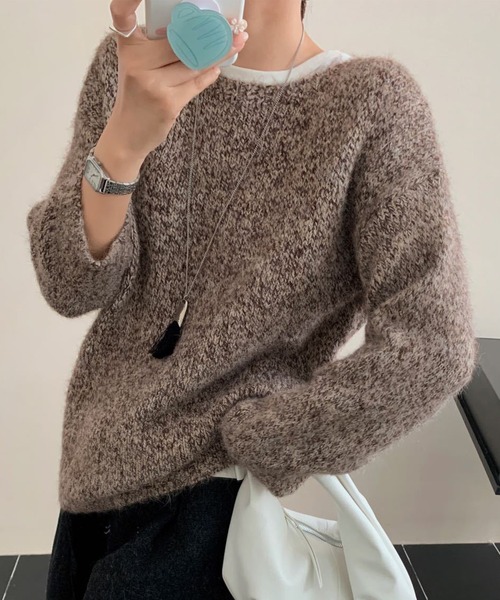 DAY CLOSET(デイ クローゼット)の「【おうちで洗える】長袖 ドロップショルダー へリンボーン ミックス カラー ニット プルオーバー レディース(ニット/セーター・レディース・グレー/ブラウン/ブラック/ブルー・FREE)」の3枚目の写真