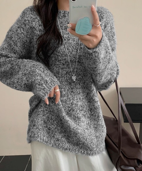 DAY CLOSET(デイ クローゼット)の「【おうちで洗える】長袖 ドロップショルダー へリンボーン ミックス カラー ニット プルオーバー レディース(ニット/セーター・レディース・グレー/ブラウン/ブラック/ブルー・FREE)」の1枚目の写真