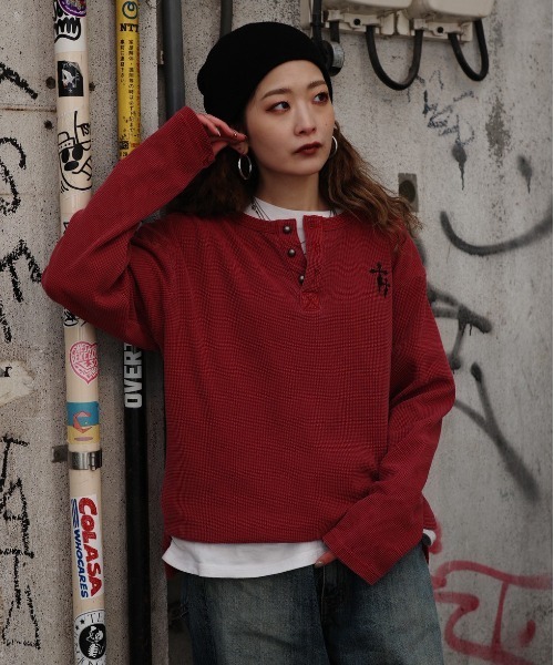 bike star(バイクスター)の「BIKE STAR ワンポイント刺繍ワッフルヘンリーネックロンT(Tシャツ/カットソー・メンズ・レッド/チャコールグレー/ブラック・L/M)」の16枚目の写真