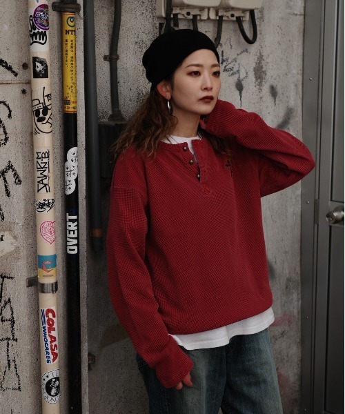 bike star(バイクスター)の「BIKE STAR ワンポイント刺繍ワッフルヘンリーネックロンT(Tシャツ/カットソー・メンズ・レッド/チャコールグレー/ブラック・L/M)」の18枚目の写真