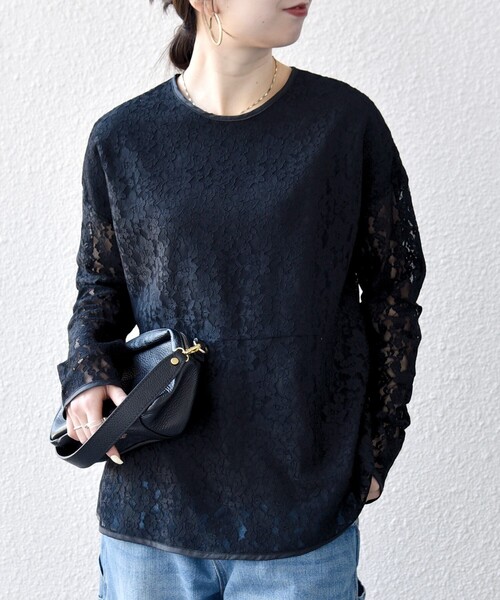 SHIPS any:〈手洗い可能〉フラワー レース クルーネック ペプラム