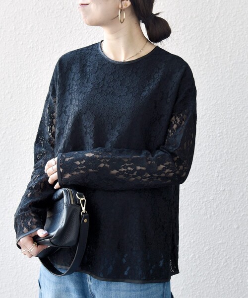 SHIPS any:〈手洗い可能〉フラワー レース クルーネック ペプラム