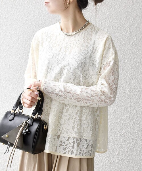 SHIPS any:〈手洗い可能〉フラワー レース クルーネック ペプラム