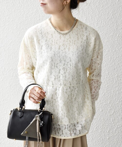 SHIPS any:〈手洗い可能〉フラワー レース クルーネック ペプラム