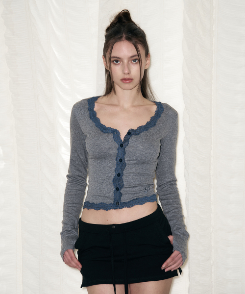 PLEASENOFOLLOW(プリーズノーフォロー)の「Mila Lace Long Sleeve Top (Melange Charcoal)(Tシャツ/カットソー・レディース・その他・FREE)」の1枚目の写真