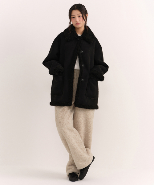 MUSINSA STANDARD WOMAN ハーフダッフルコート ウィメンズリバーシブル合成スエードシアリングハーフコート[ブラック